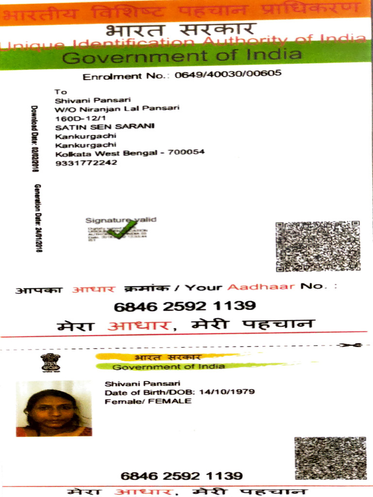 Aadhaar Card Details for Shivani Pansari | PDF