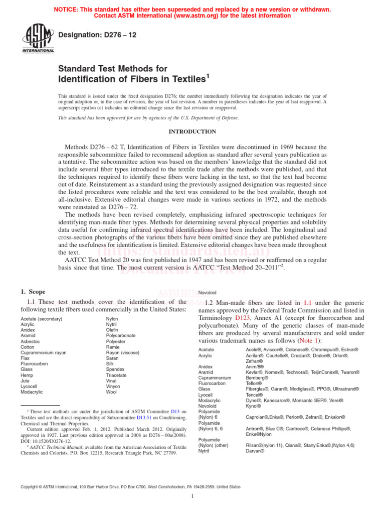 Unit 1 - ASTM-D276-12 Identification of Fibers in Textiles | PDF ...