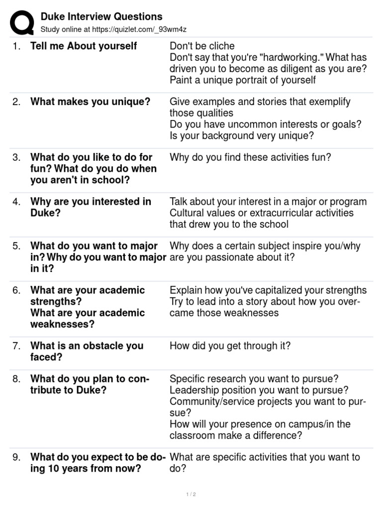 Duke Interview Questions | PDF | Cognition | Psychology