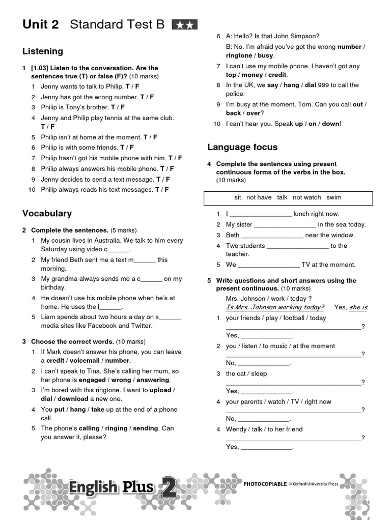 Unit 2 Standard Test B Pdf Telephone Word