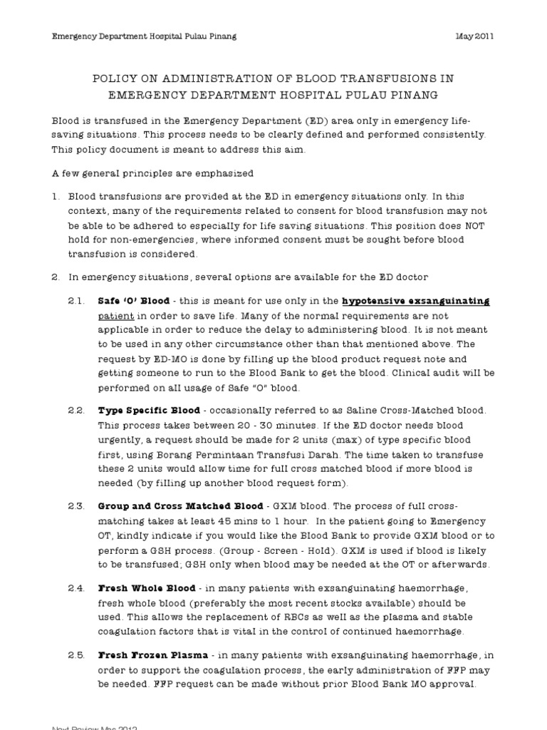 Policy Emergency Blood Transfusions Blood Transfusion Bleeding