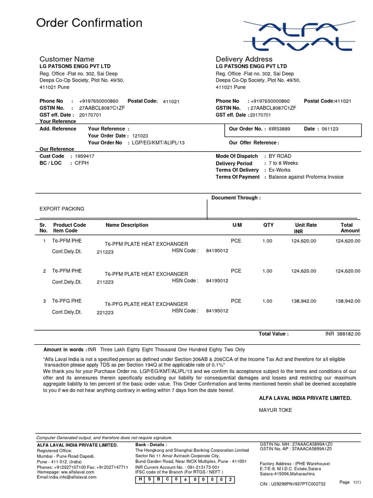 Order Confirmation for LG Patsons | PDF | Government Finances | Taxes