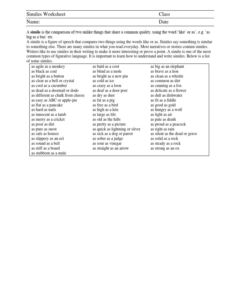 Similes Worksheet for Grades 3-7 | PDF | Language Arts & Discipline