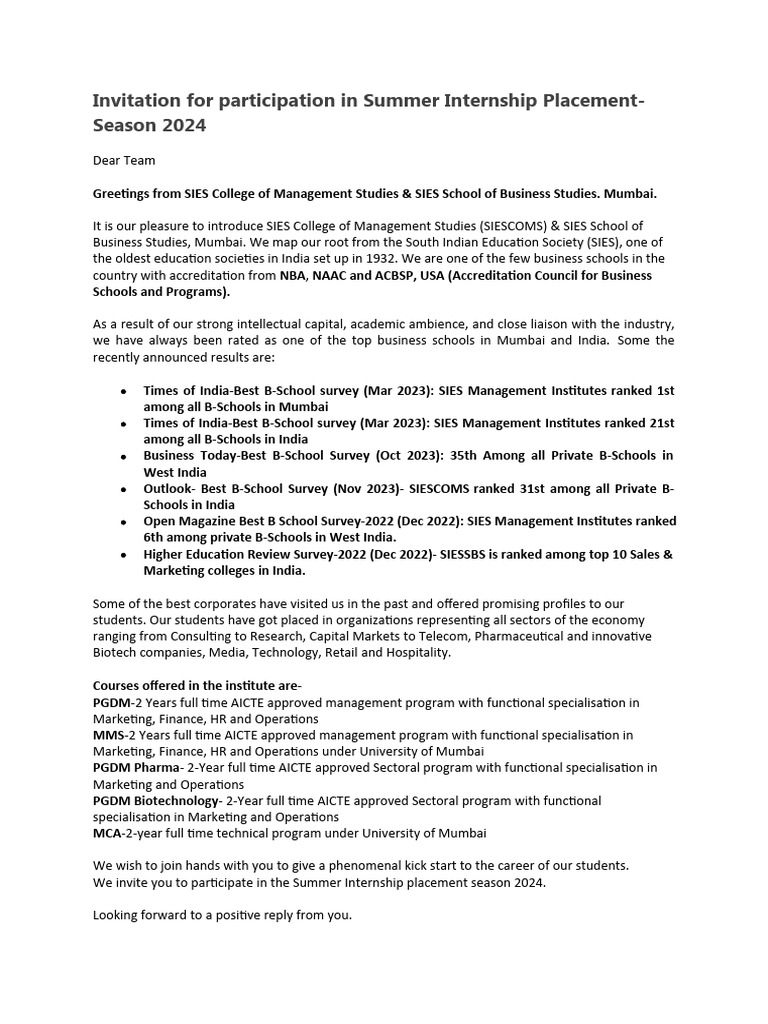Invitation - Summer Internship Placement | PDF | Master Of Business ...