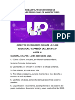 Aspectos Disciplinarios Durante La Clase. Asignatura. Expresión Oral y Escrita II. Engeniería en Tecnologías de Manufacturas.