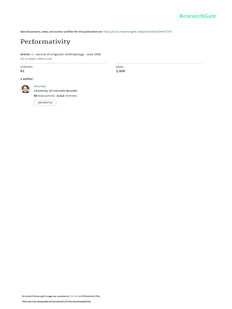 Hall 1999 Performativity | PDF | Anthropology | Ethnography