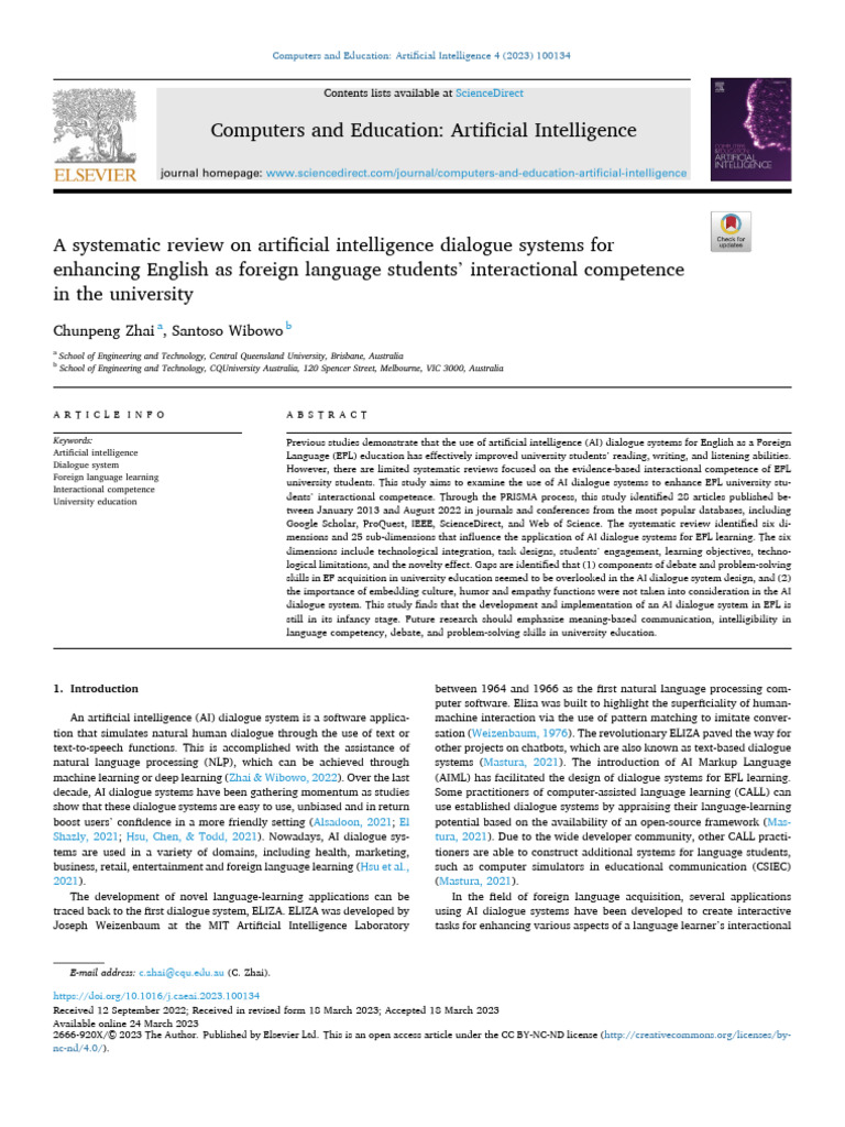AI Dialogue Systems in EFL Education | PDF | English As A Second Or ...