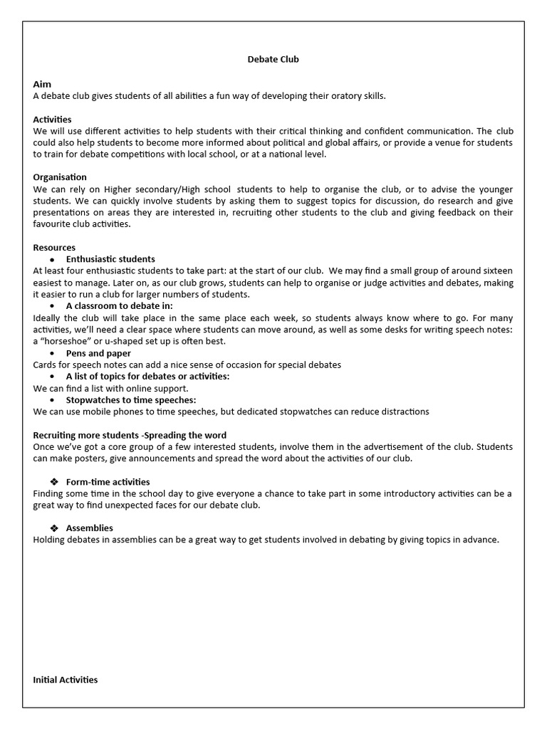 Debate Club Formation PDF Argument Human Communication