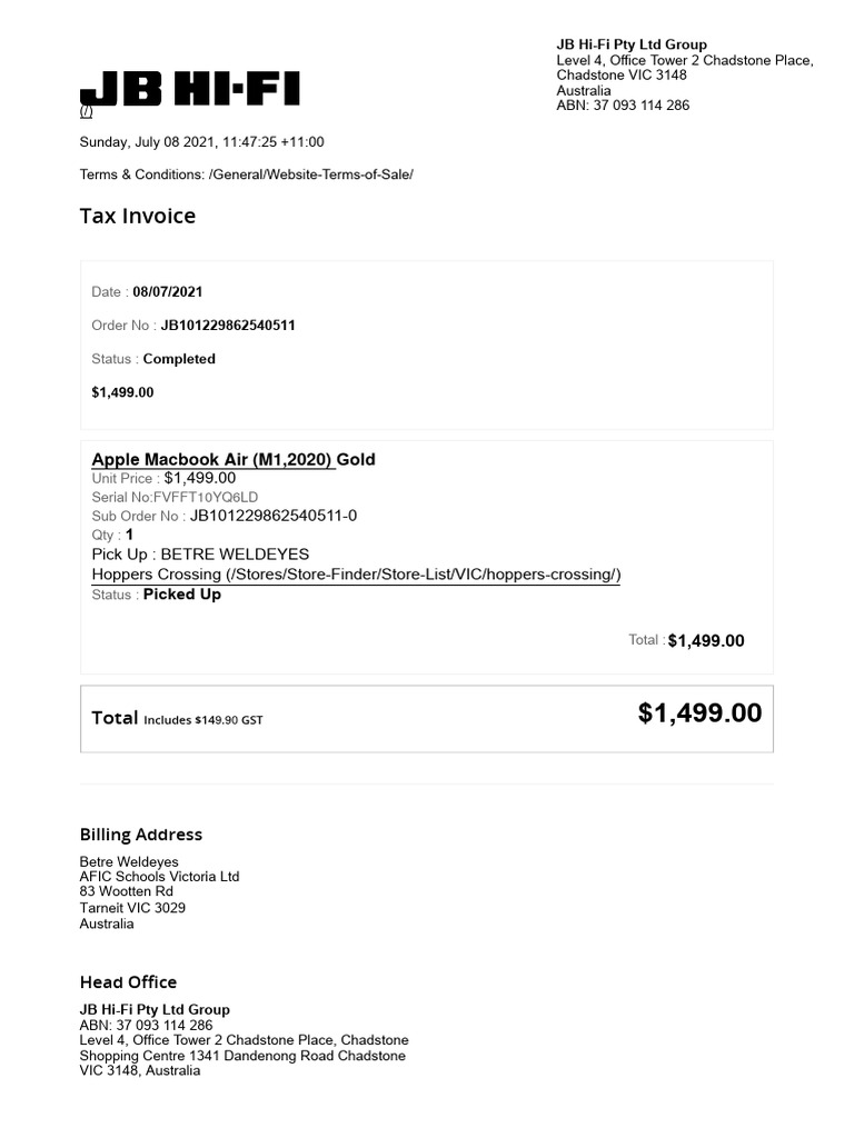 FVFFT10YQ6LD (JB Hi-Fi, AUSTRALIA) | PDF | Apple Inc. Hardware | Apple Inc.
