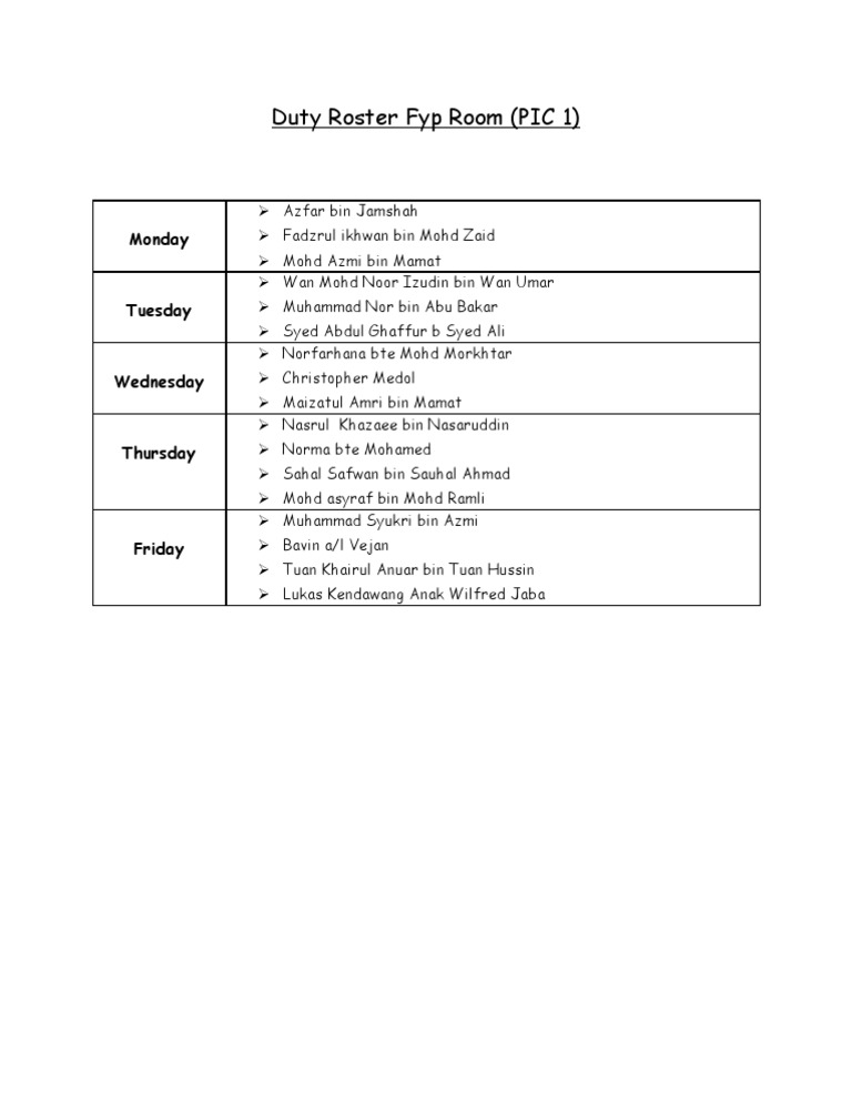 Duty Roster Fyp Room | PDF