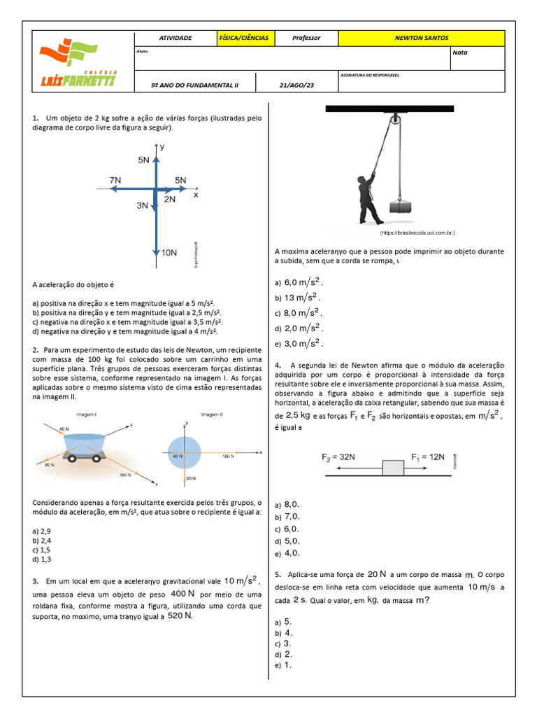 Exercícios sobre a Segunda Lei de Newton | PDF | Massa | Leis do ...