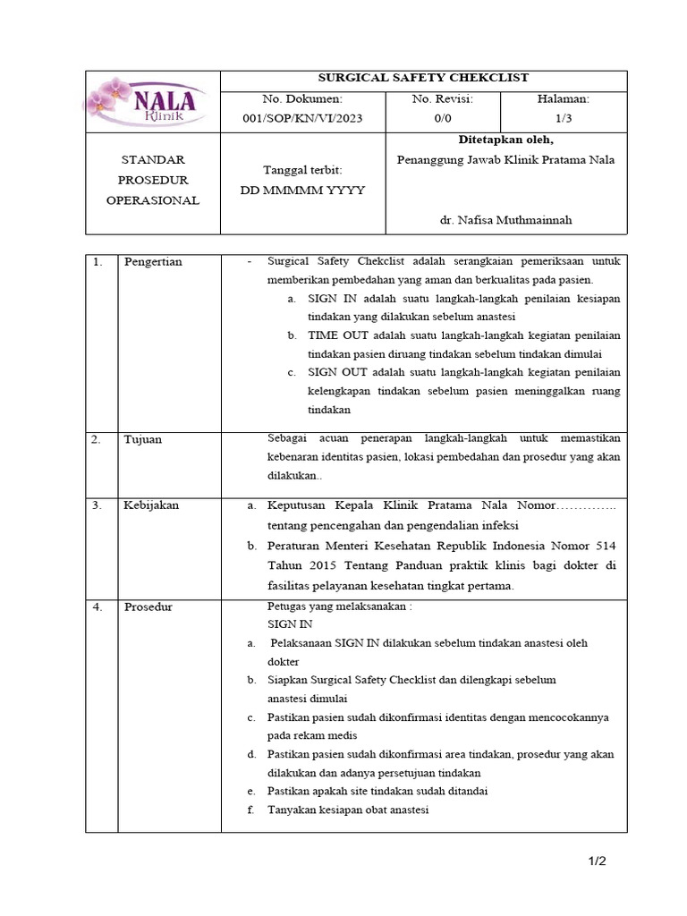 SOP Surgical Safety Checklist | PDF