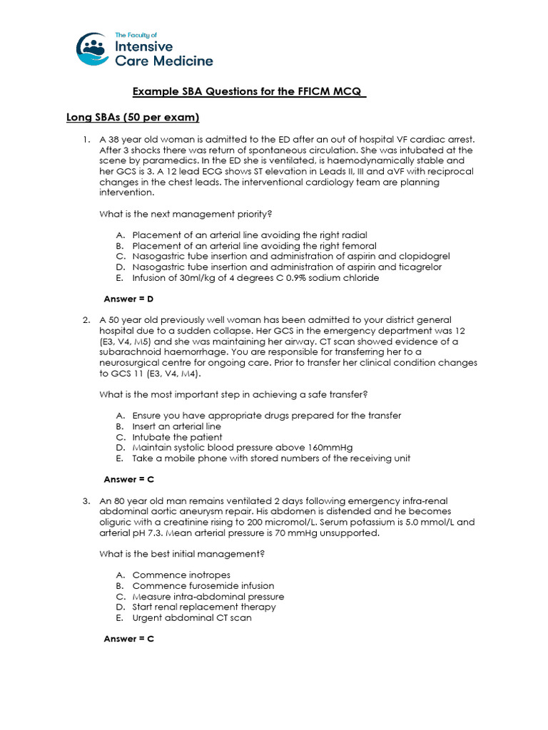 FFICM MCQ Sample Questions Guide | PDF | Medical Specialties | Clinical ...