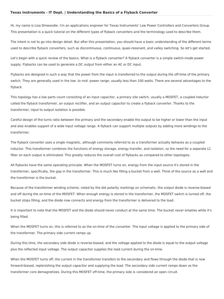 Understanding The Basics Of A Flyback Converter Pdf Transformer