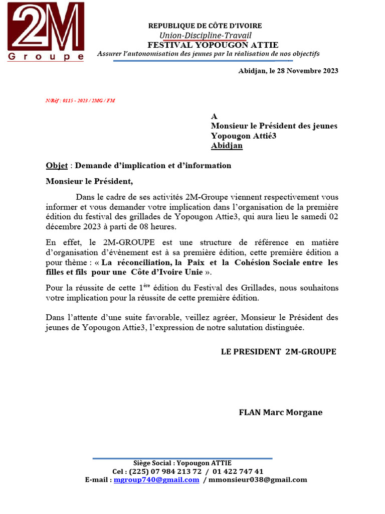 Demande d'implication pour festival Yopougon | PDF