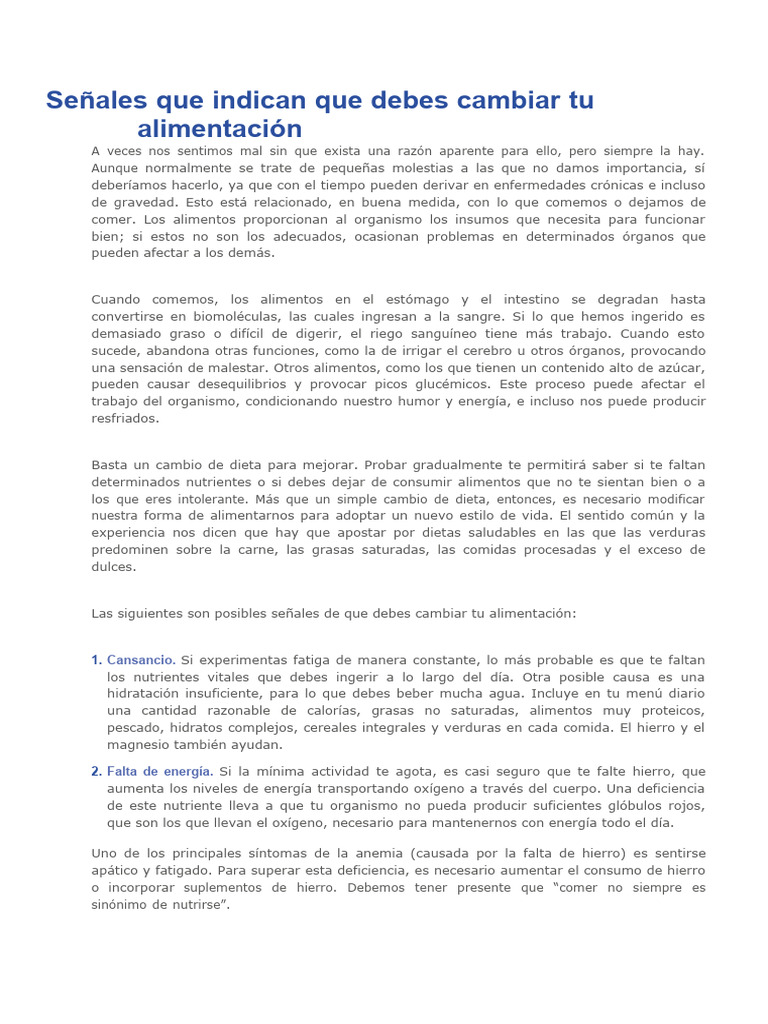Señales que indican que debes cambiar tu alimentación | PDF | Alimentos ...