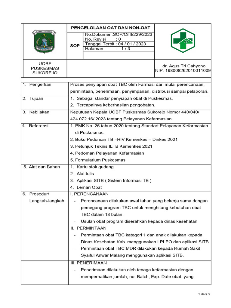 SOP Pengelolaan Obat TBC di Puskesmas | PDF