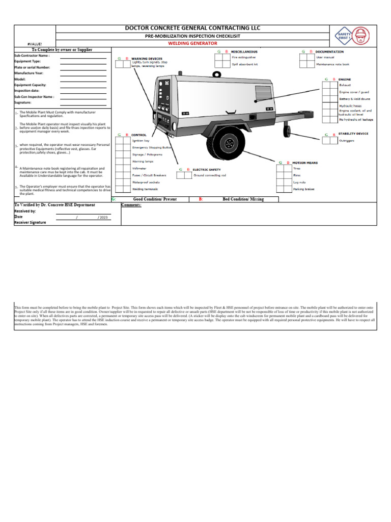 Pre-Mobilization Inspection Checklisit-Welding Generator | PDF