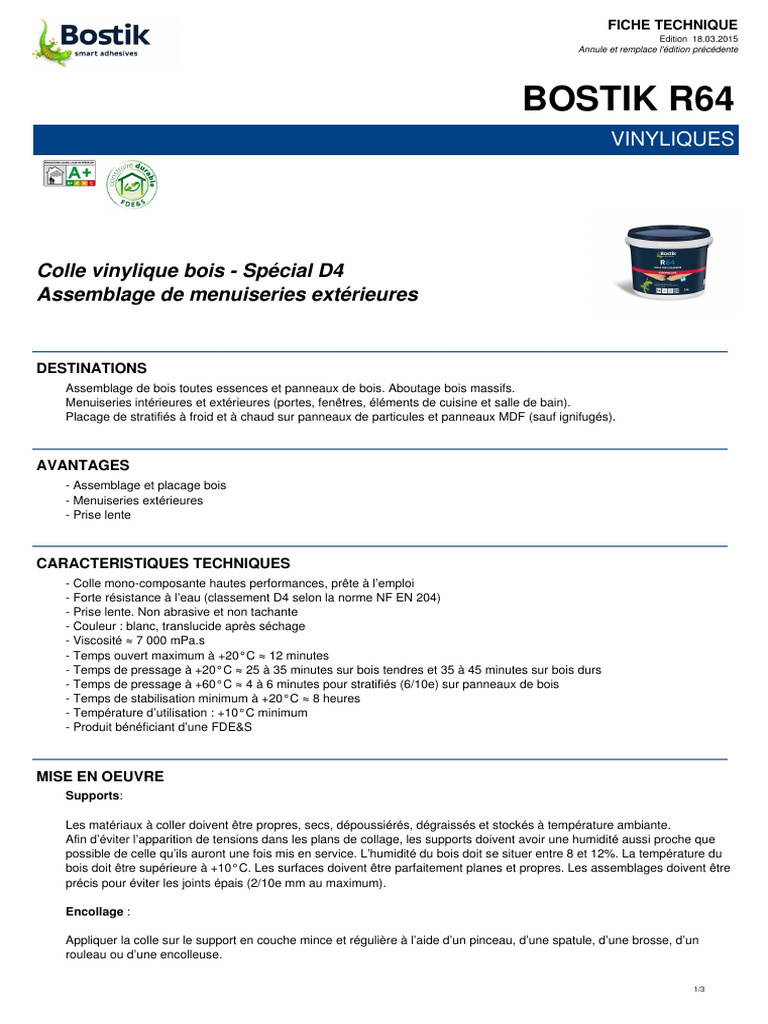 Colle Vinylique Bostik R64 pour Bois | PDF | Bois (matériau de ...