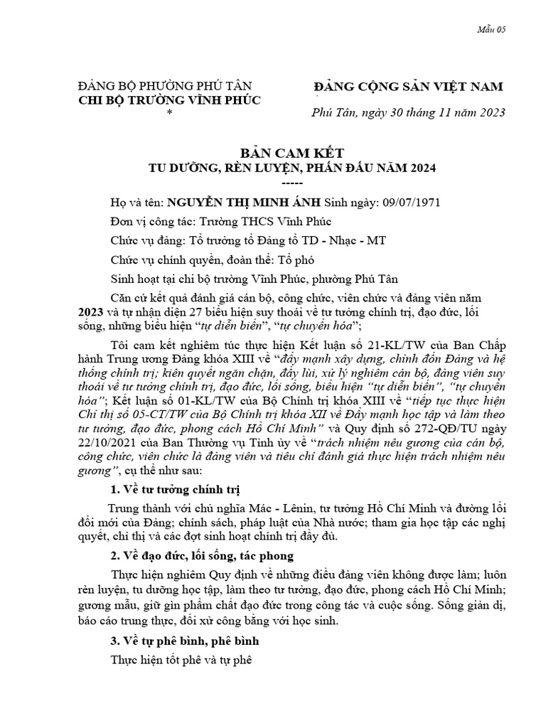 Mau 05 ban cam ket tu duong ren luyen phan dau nam 2024 pdf