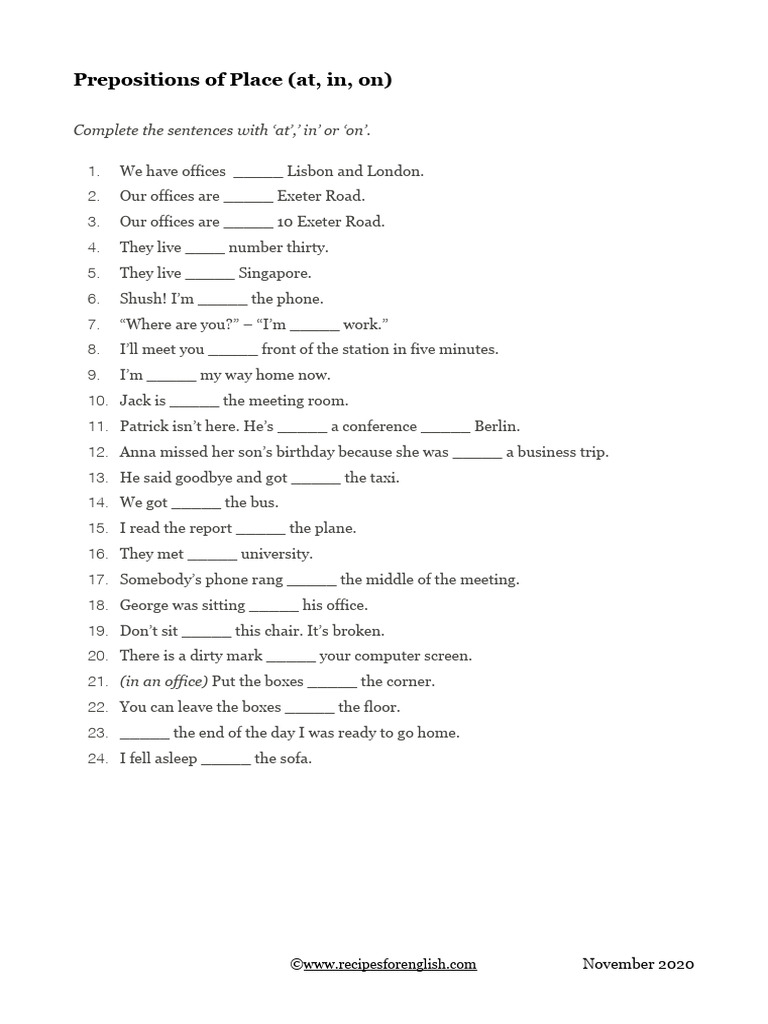 Prepositions Of Place At In On Pdf