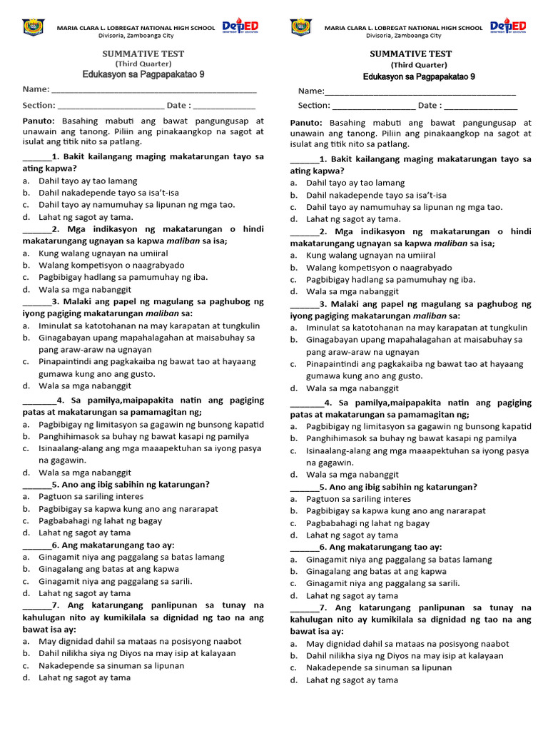 Esp 9 Summative Test 3rd Quarter | PDF