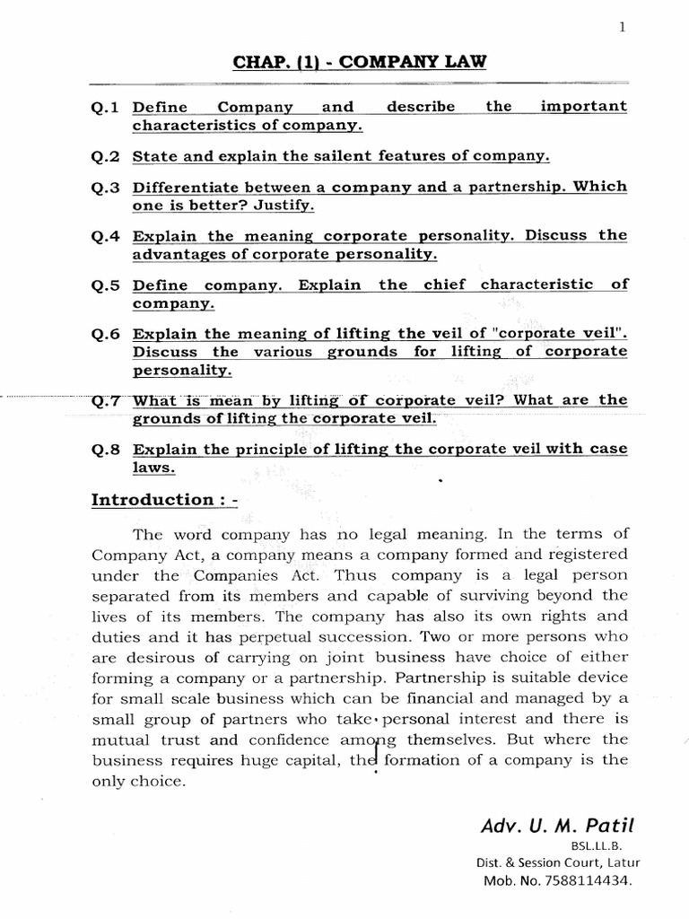 Company Law (LLB S. Y. SEMESTER-IV) | PDF