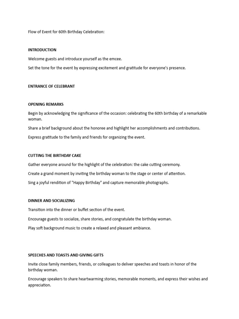 60th Birthday Celebration Program Flow | PDF | Birthdays | Entertainment