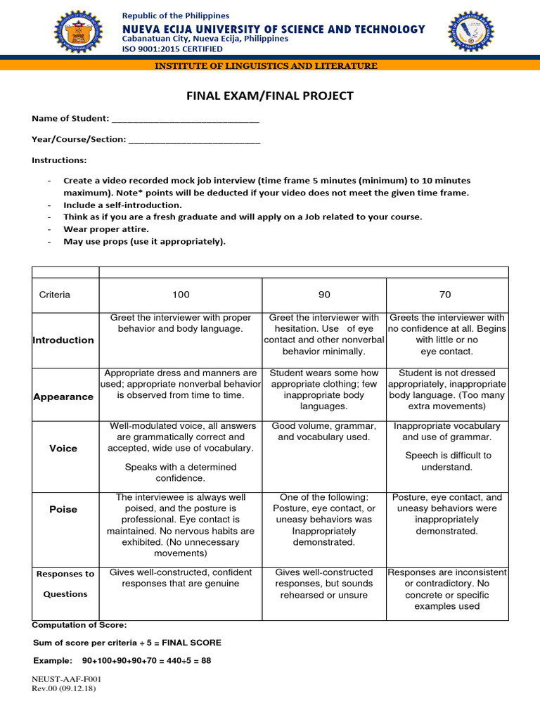 Final Exam Mock Job Interview Rubric | PDF | Job Interview | Body Language