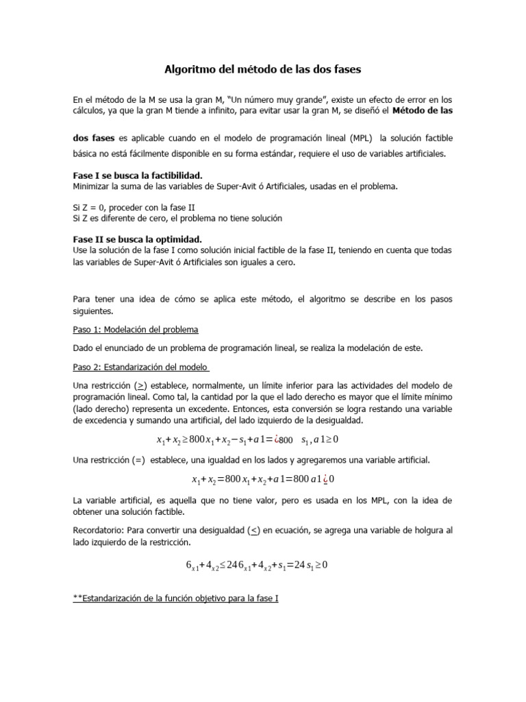 Algoritmo Del Método de Las Dos Fases PDF Programación lineal