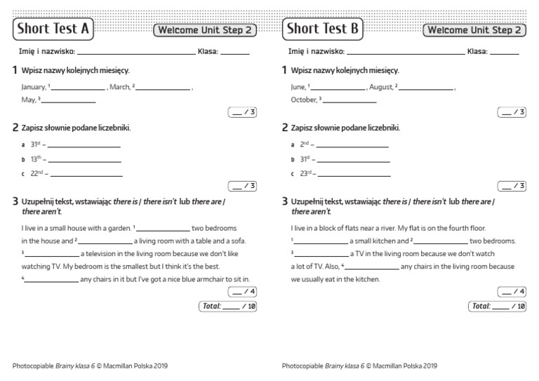 Sprawdzian Z Angielskiego Klasa 4 Unit 2 Brainy Brainy Kl6 Short Tests Welcome Unit Step 2 | PDF | Decorative Arts