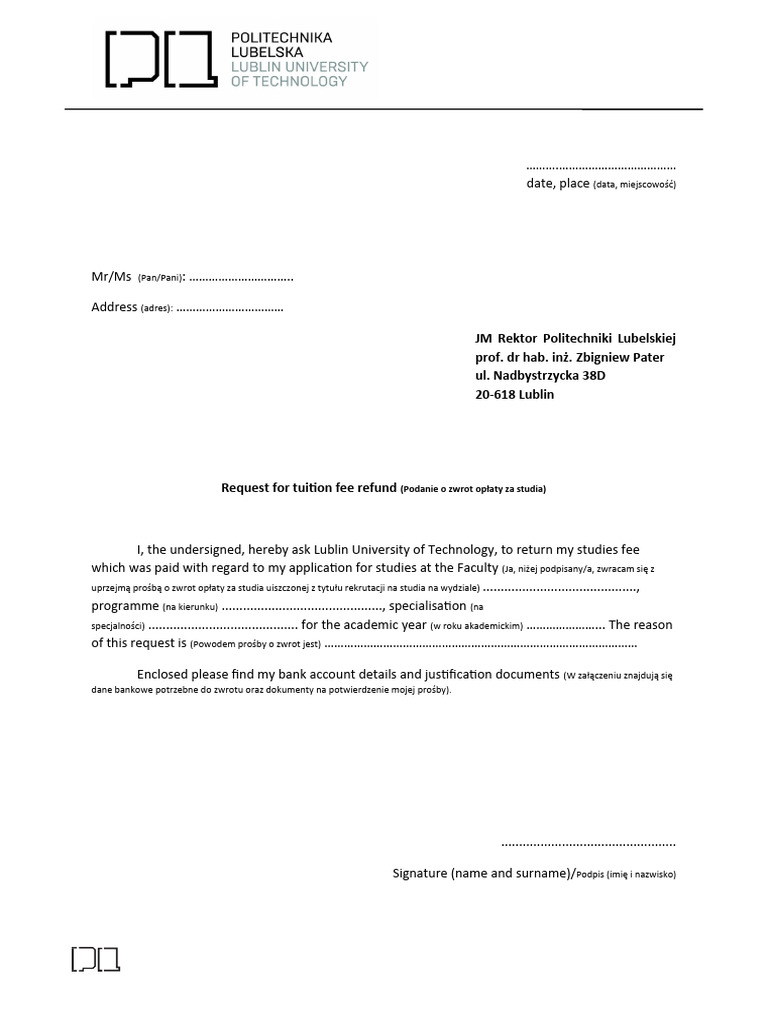 Tuition Refund Request Bilingual PDF