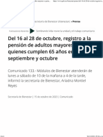 Del 16 Al 28 de Octubre, Registro A La Pensión de Adultos Mayores A Quienes Cumplen 65 Años en Septiembre y Octubre - Secretaría de Bienestar - Gobierno - Gob