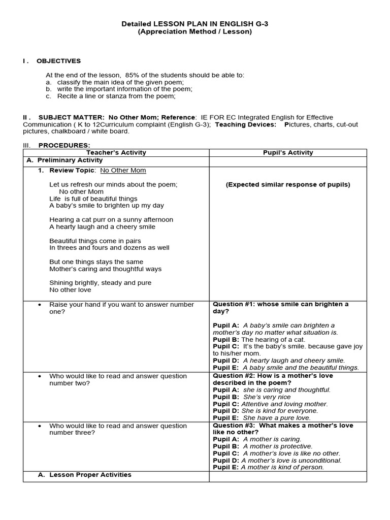 English G-3 Lesson Plan: Poem Appreciation | PDF