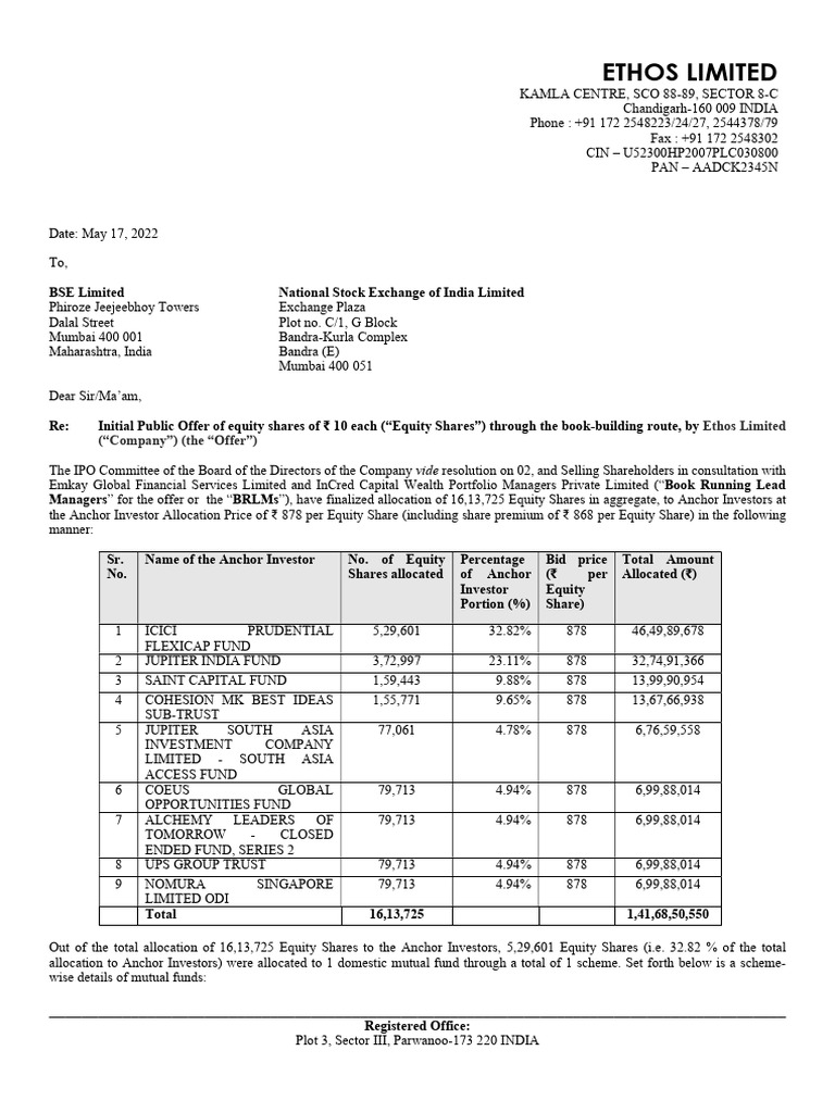 Ethos Limited IPO Anchor Allocation Details | PDF | Stocks | Initial ...