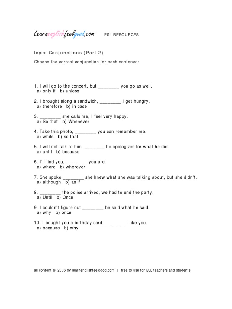 Conjunctions Practice Exercises | PDF
