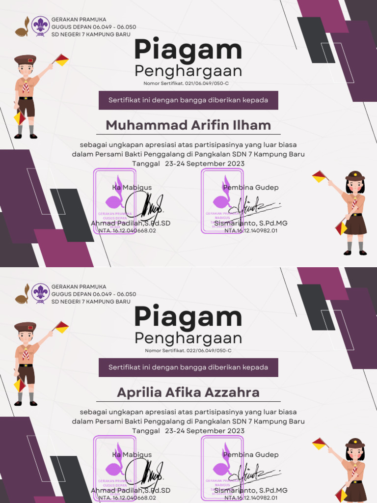 Piagam Penghargaan Pramuka Penggalang | PDF