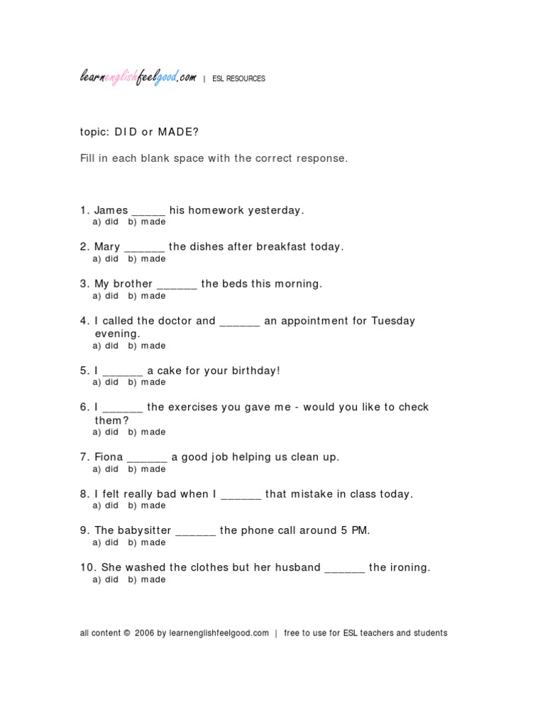 Did vs Made: ESL Practice Quiz | PDF