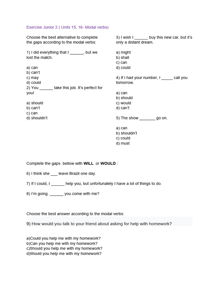 Exercise Junior 2 Units 15 16 Modal Verbs Pdf