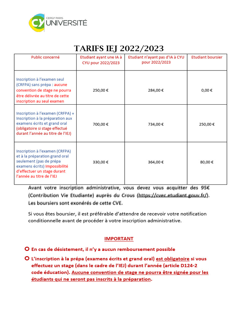 Tarifs IEJ 2022/2023 et Inscription | PDF