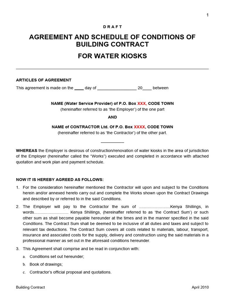 Building Contract for Water Kiosks | PDF | Employment | Concrete