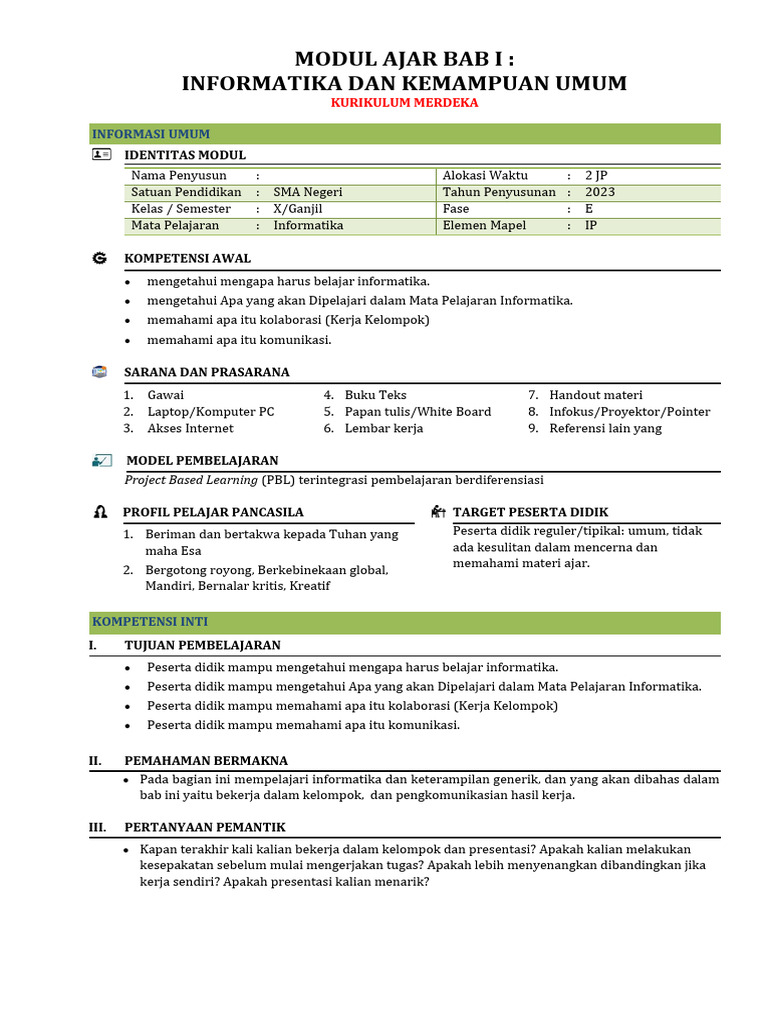 Modul Ajar Informatika SMA 2023 | PDF | Karier & Perkembangan