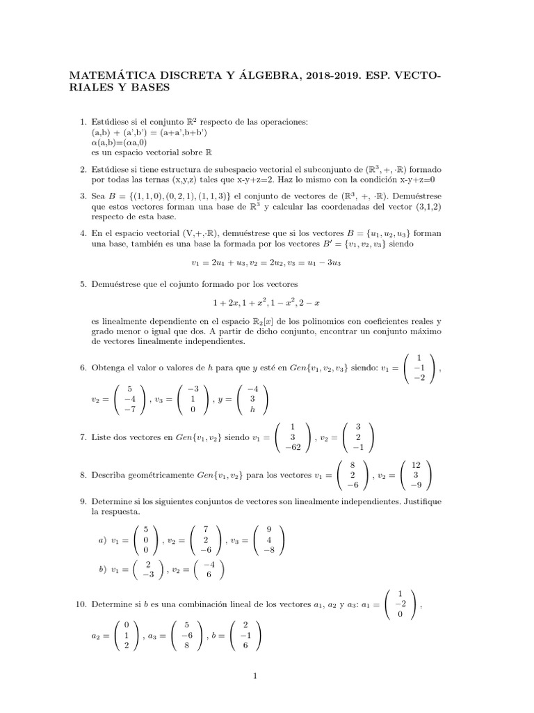 Hoja 2 - Esp. Vec. Depend y Bases | PDF | Espacio vectorial | Base ...
