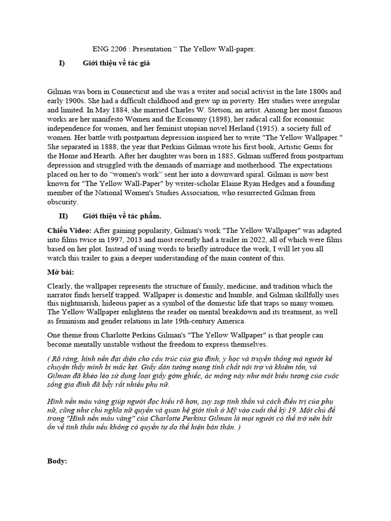 ENG2206 The Yellow Wall Paper PDF The Yellow Wallpaper