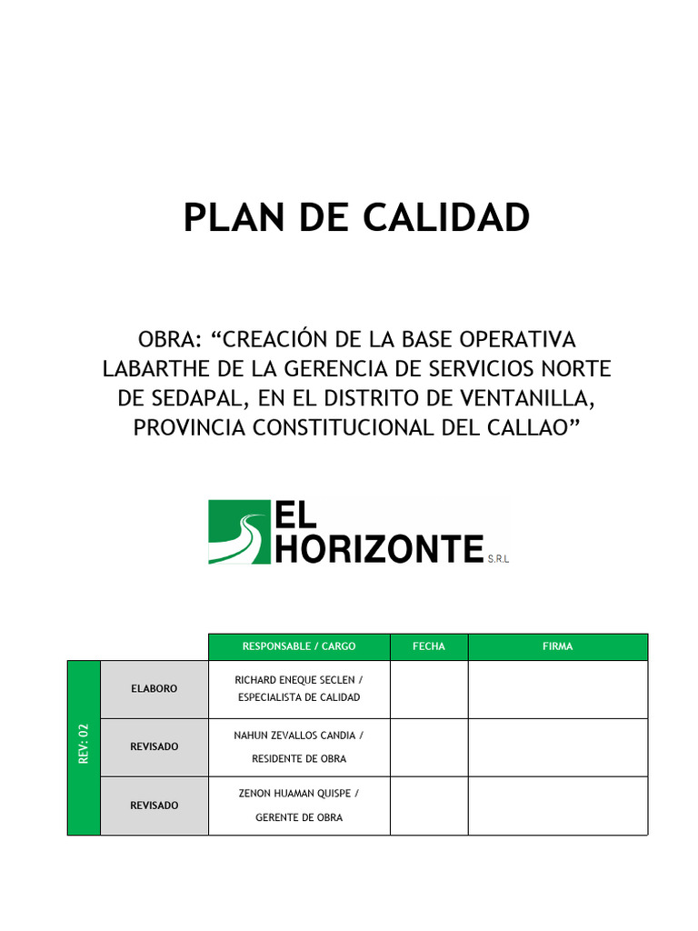 PLAN DE CALIDAD - OBRA LABARTHE PACHACUTEC v02 | PDF | Calidad ...