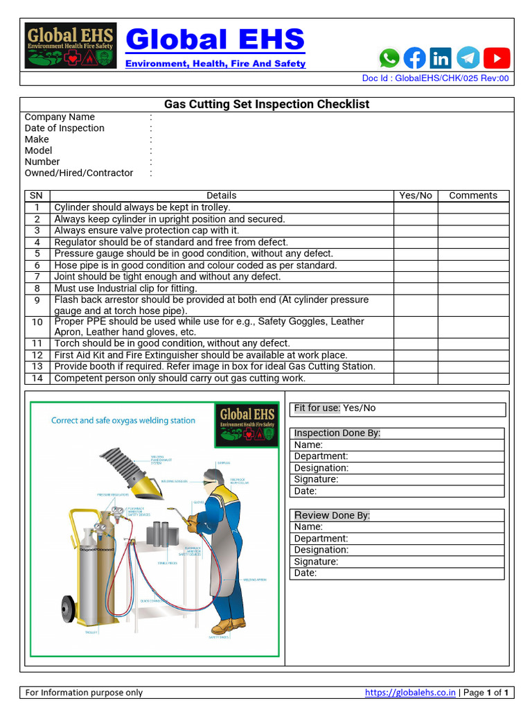 Gas Cutting Set Safety Inspection Checklist | PDF | Safety ...