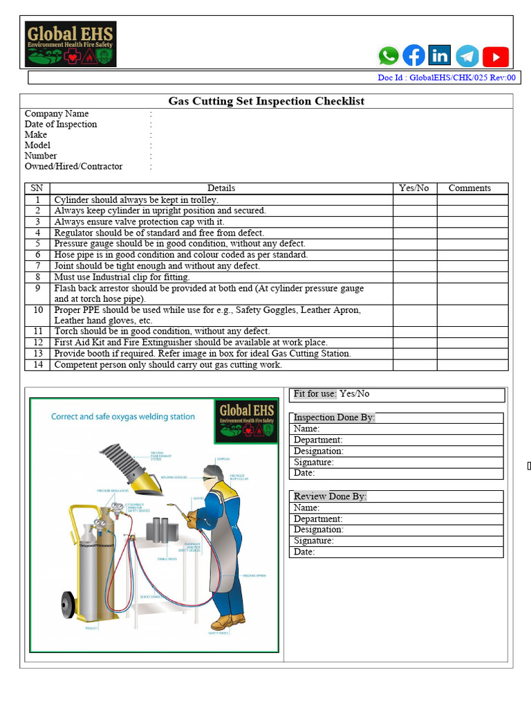 Gas Cutting Set Safety Inspection Checklist PDF