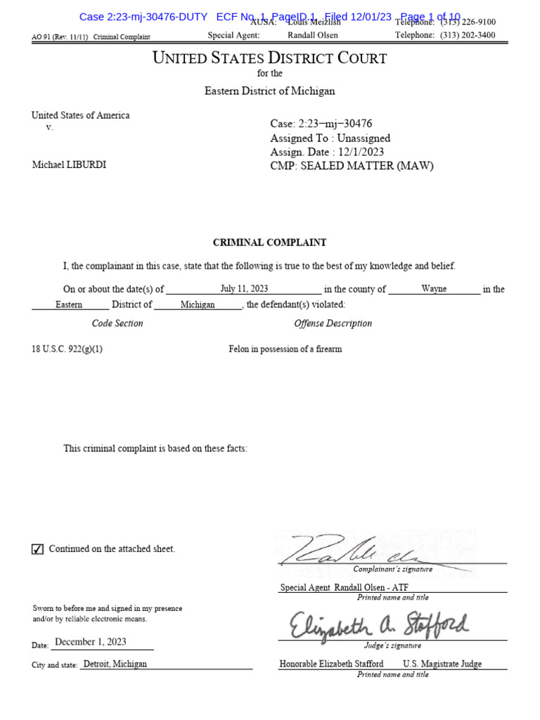 Michael Liburdi Criminal Complaint Dec 1 2023 PDF Bureau Of