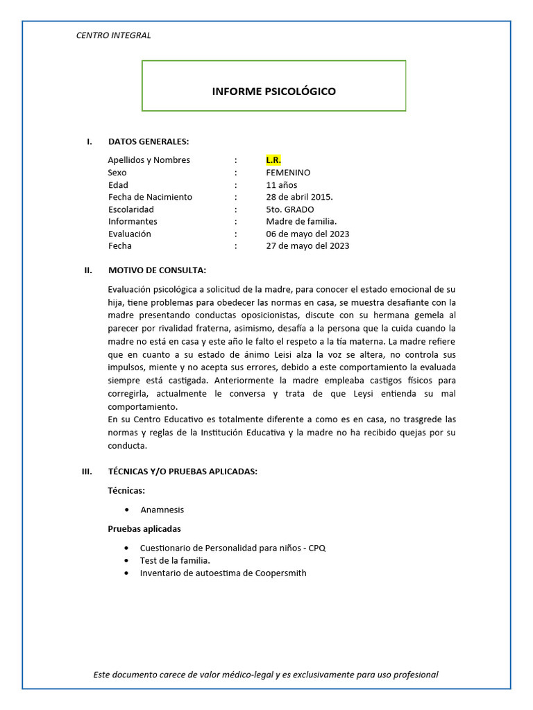 Informe Psicológico de Evaluación CPQ | PDF | Autoestima | Las emociones