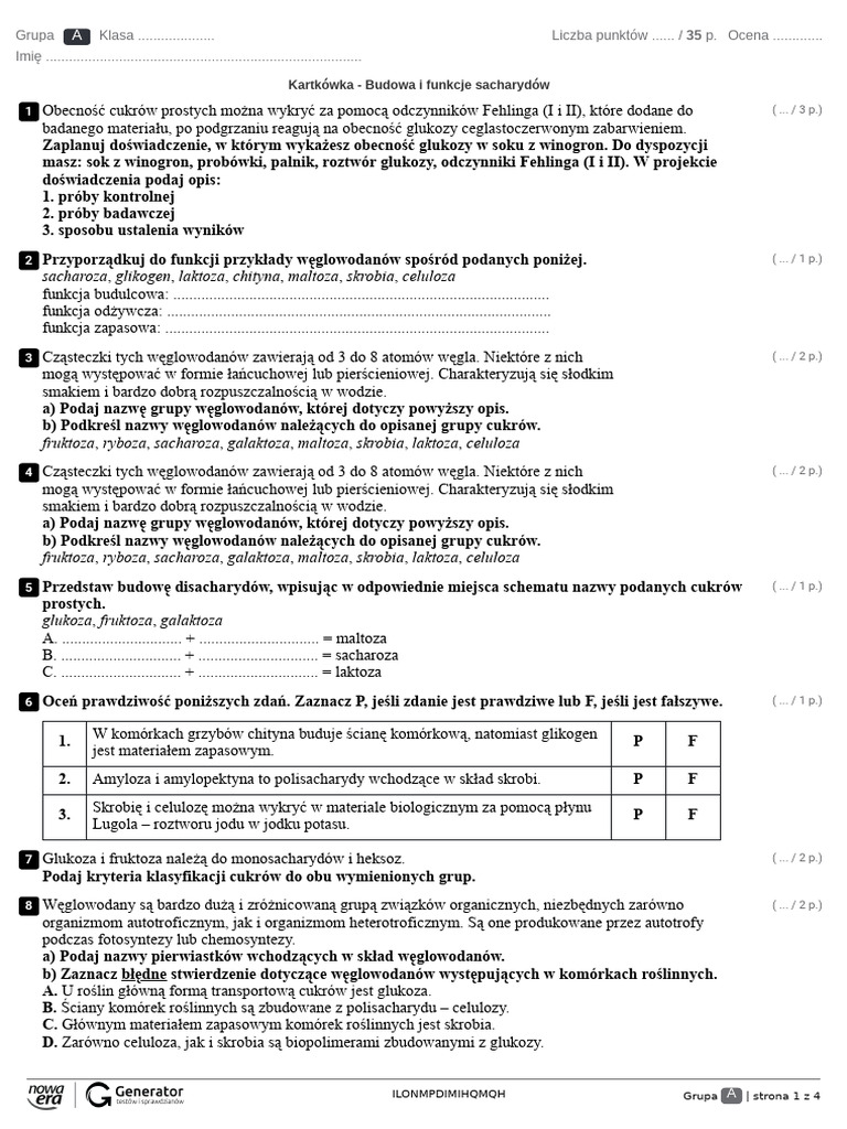 Budowa I Funkcje Skóry Test Kartkowka - Budowa I Funkcje Sacharydow Test Z Widoczna Punktacja | PDF